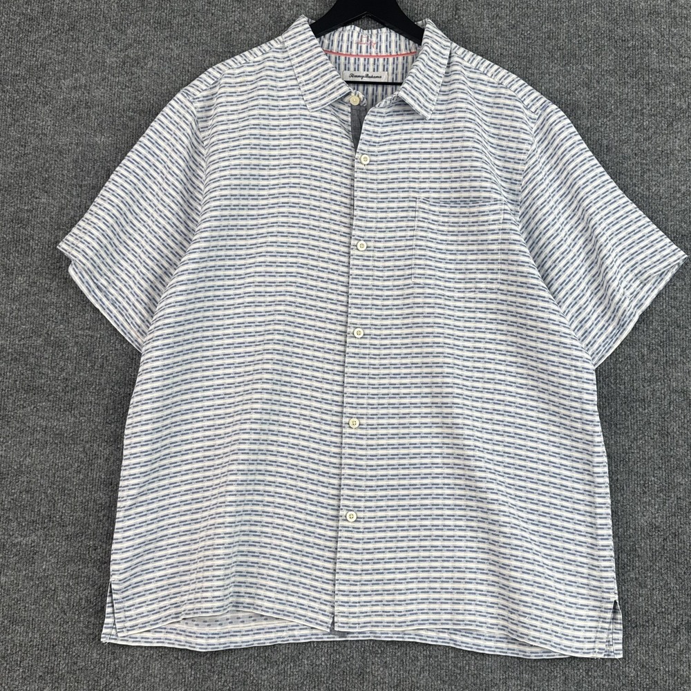 Tommy Bahama Silk Button Up Shirt Mens XXL Blue Geometric Travel Short Sleeve